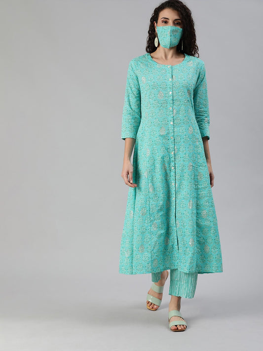 ISHIN Cotton Blue Printed A-Line Kurta With Trouser & Mask (Set of 3)
