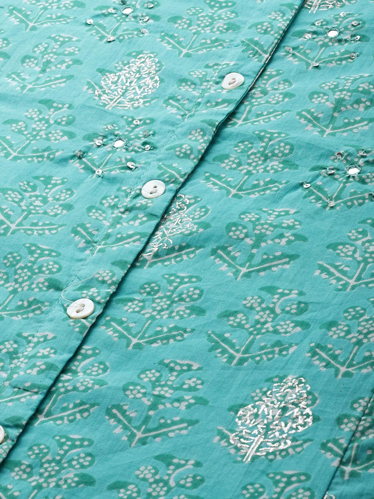 ISHIN Cotton Blue Printed A-Line Kurta With Trouser & Mask (Set of 3)