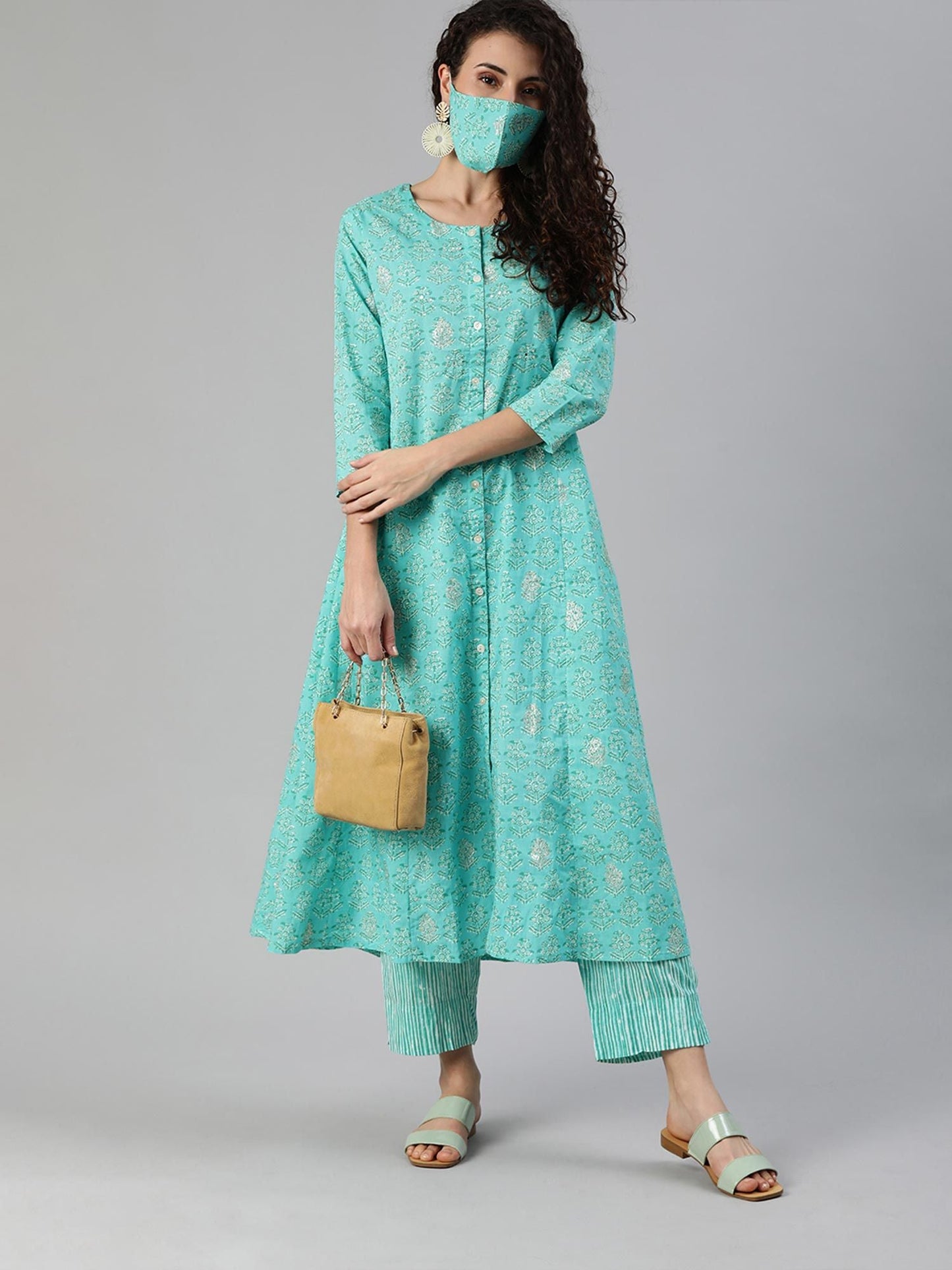 ISHIN Cotton Blue Printed A-Line Kurta With Trouser & Mask (Set of 3)