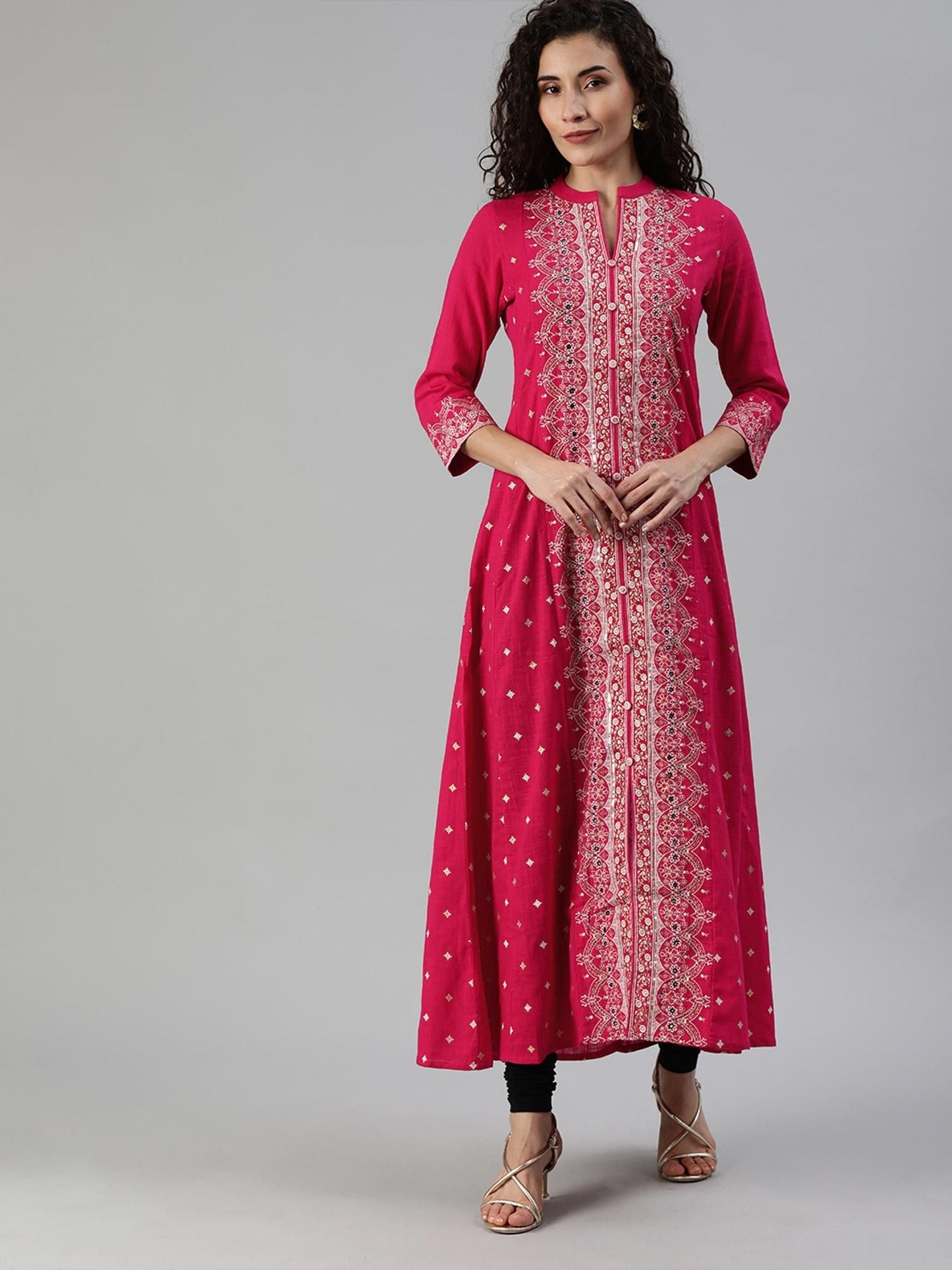 ISHIN Cotton Pink Embellished Anarkali Kurta