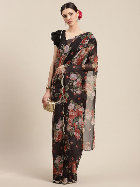 Ahalyaa Women's Black Chiffon Digital Print Floral Saree