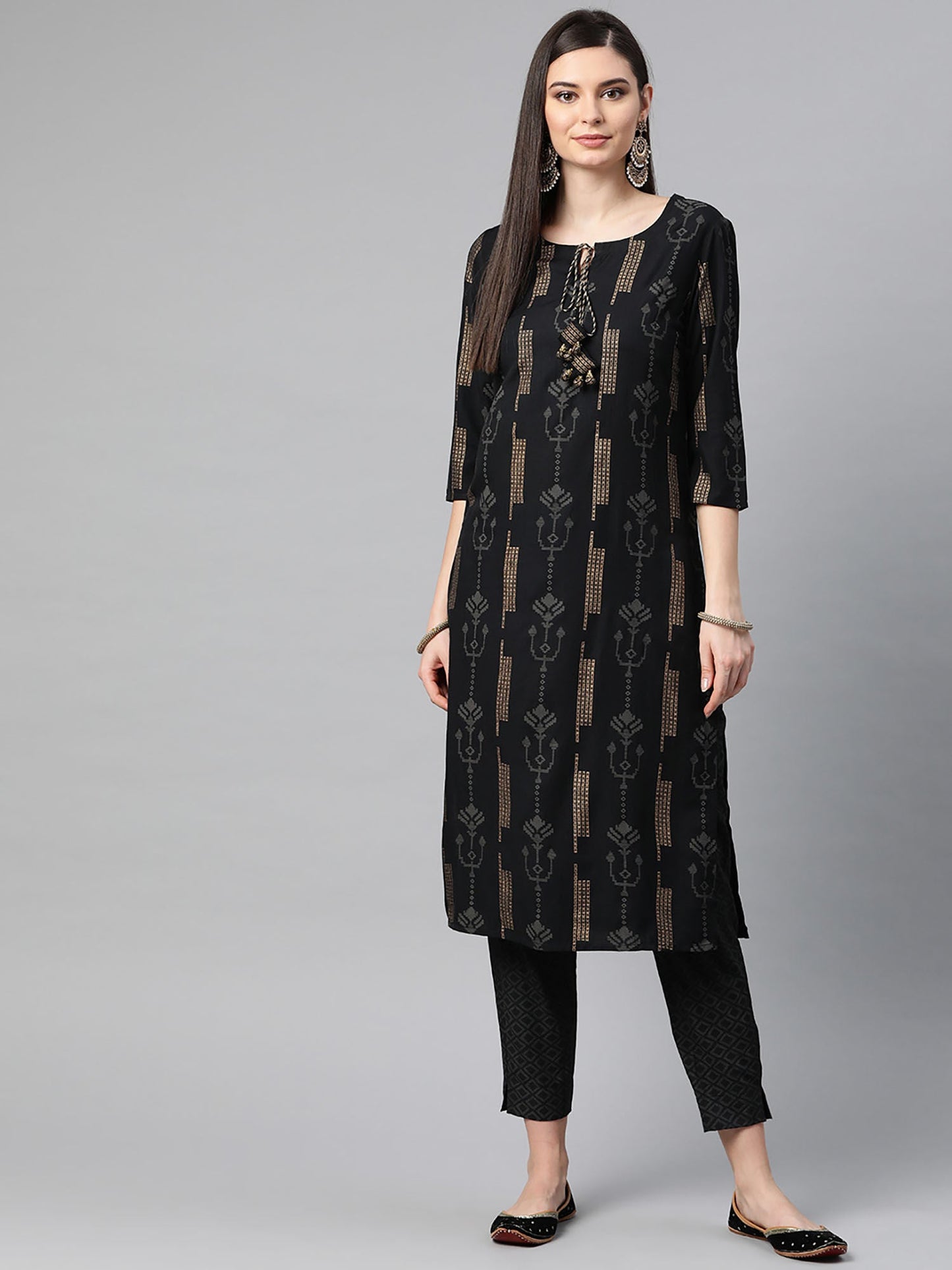 PIROH Womens Rayon Geometrical Gold Butta Straight Kurta Trouser Black (Set of 2)