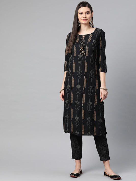 PIROH Womens Rayon Geometrical Gold Butta Straight Kurta Trouser Black (Set of 2)