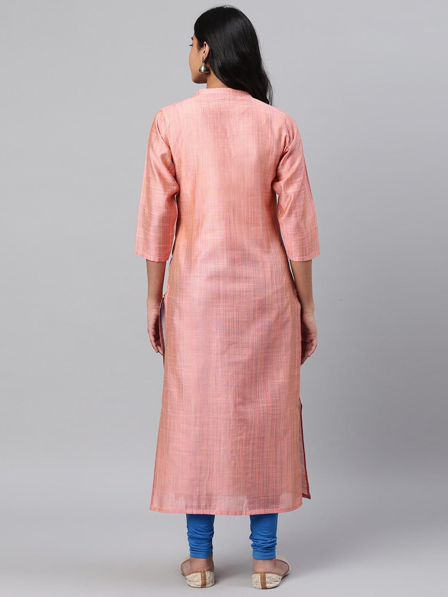 KSUT Peach 3/4th Sleeves Mandarin Neck Kurtas