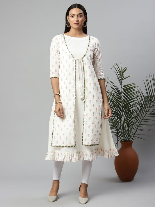 Ahalyaa Women's Off White Cotton Printed Kurta